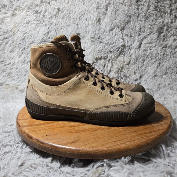 Palladium Boots Mens Size 9 High Top Tan Leather Lace Up Pampa Hi Rubber Toe - Picture 2 of 12